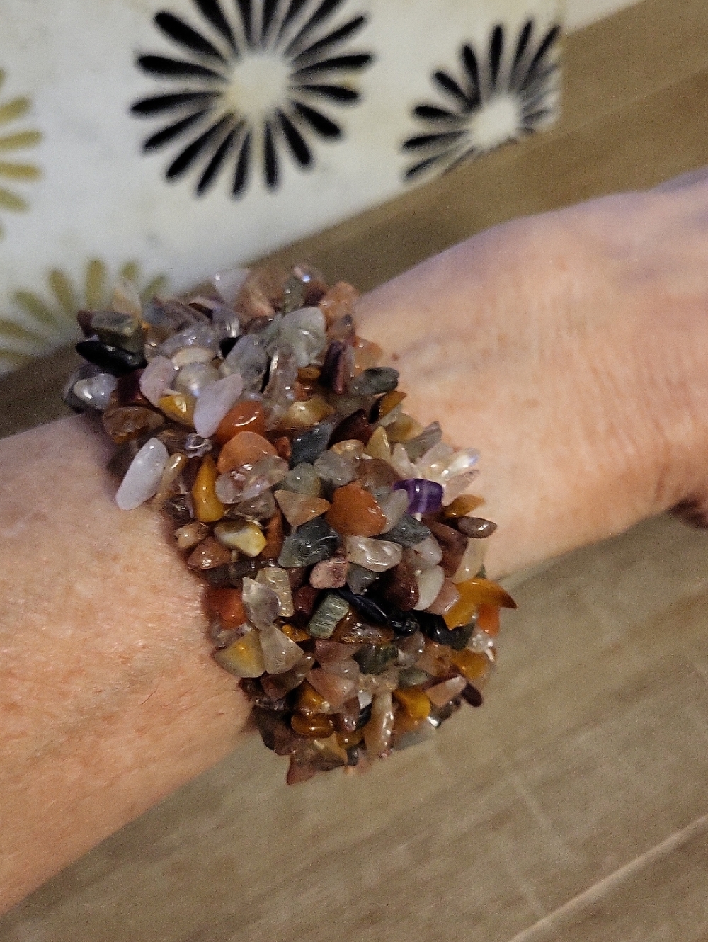 Genuine Multi Gemstone Cluster Wide Stretch Bracelet